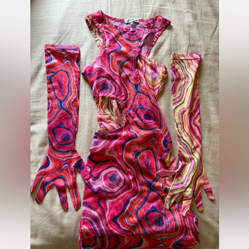 Vibrant Swirl Pattern Dress with Matching Gloves